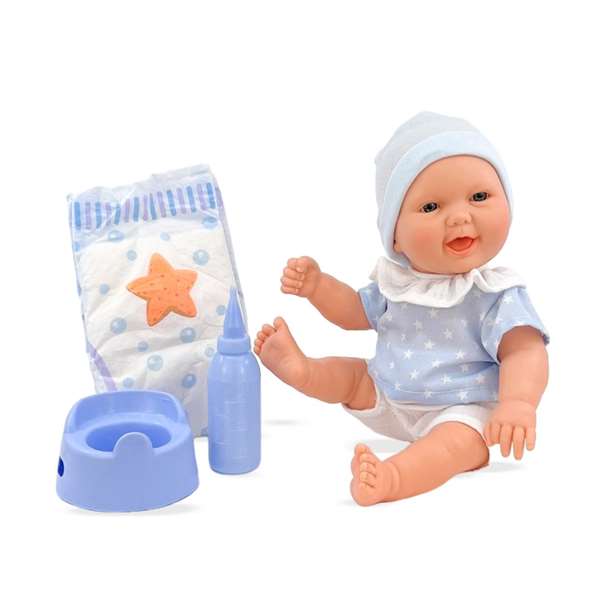 Berjuan Poupée Bébé Pipi avec costume bleu et accessoires, poupée 30 cm, jouet pour enfants dès 3 ans