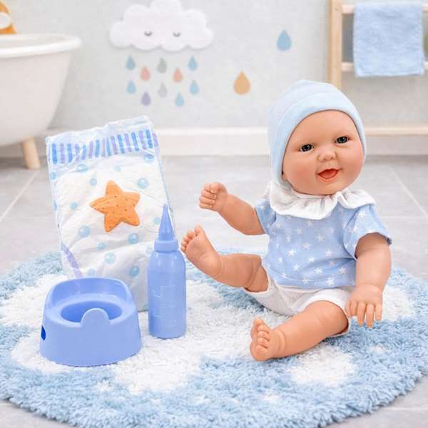 Berjuan Poupée Bébé Pipi avec costume bleu et accessoires, poupée 30 cm, jouet pour enfants dès 3 ans