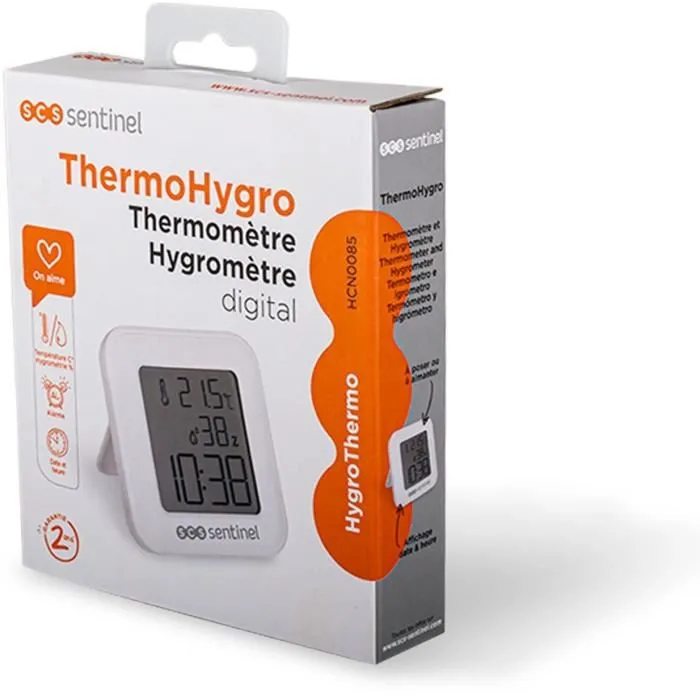 SCS SENTINEL ThermoHygro - Thermomètre Hygromètre Intérieur sans fil avec Affichage Heure, Alarme, Température et Humidité - Capteur d'Environnement SENTINEL