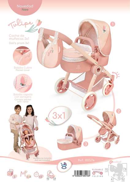 Decuevas Coche Tulipe 3-en-1 Pliable pour Poupée avec Sac - Dimensions 41x62x70 cm - Pour poupées jusqu'à 48 cm