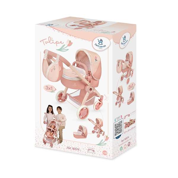 Decuevas Coche Tulipe 3-en-1 Pliable pour Poupée avec Sac - Dimensions 41x62x70 cm - Pour poupées jusqu'à 48 cm