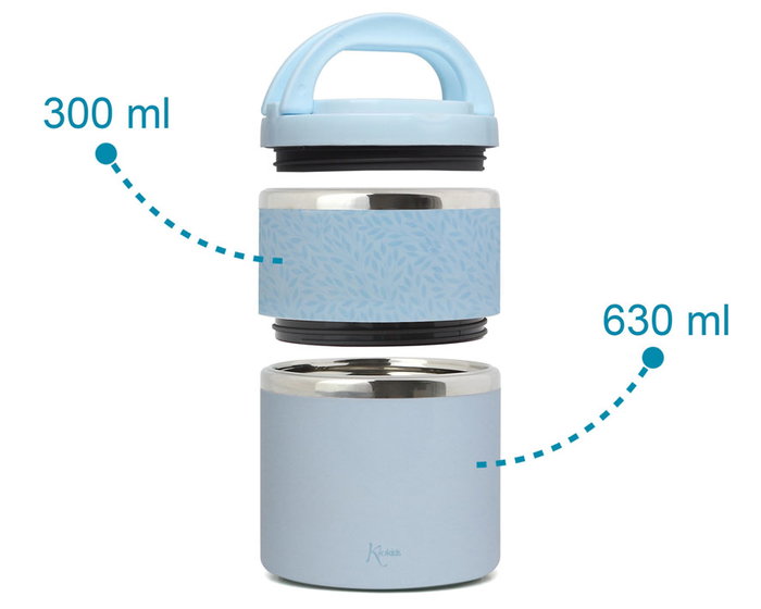 KioKids Thermos double pour aliments en acier inoxidable 304, 2 récipients (300 ml + 630 ml), 930 ml total, bleu, maintient la température 3 heures