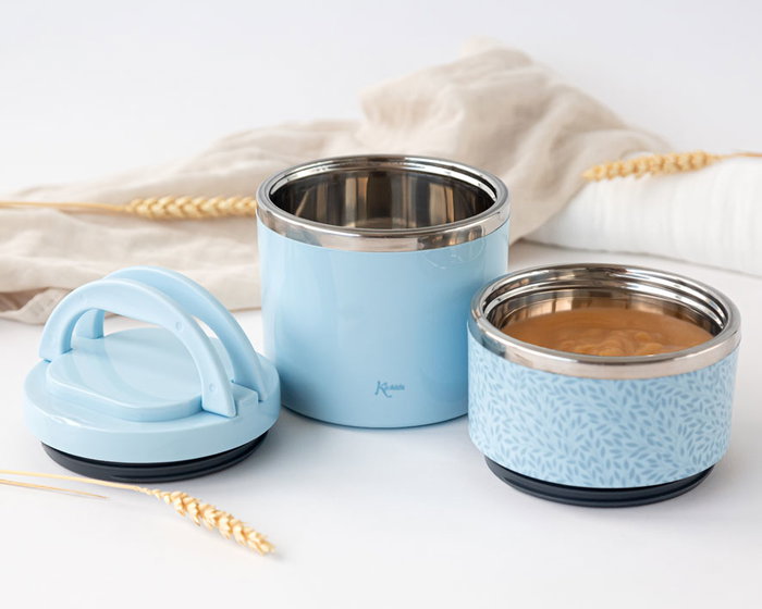 KioKids Thermos double pour aliments en acier inoxidable 304, 2 récipients (300 ml + 630 ml), 930 ml total, bleu, maintient la température 3 heures