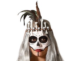 Diadème pour Déguisement Catrina et Jour des Morts avec Os, Crânes et Plumes - Accessoire Halloween Brun
