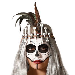 Diadème pour Déguisement Catrina et Jour des Morts avec Os, Crânes et Plumes - Accessoire Halloween Brun