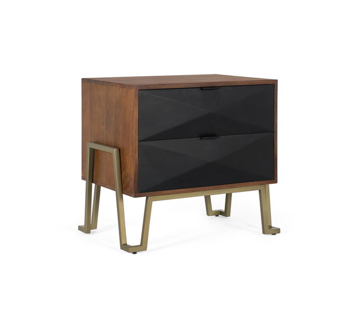 GINER Y COLOMER Table de Nuit en Bois de Mango avec Tiroirs et Structure en Fer Noir - Détails Géométriques, Dimensions 59x54x37 cm, Guidages Métal