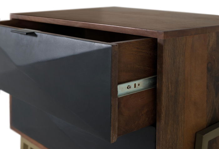 GINER Y COLOMER Table de Nuit en Bois de Mango avec Tiroirs et Structure en Fer Noir - Détails Géométriques, Dimensions 59x54x37 cm, Guidages Métal