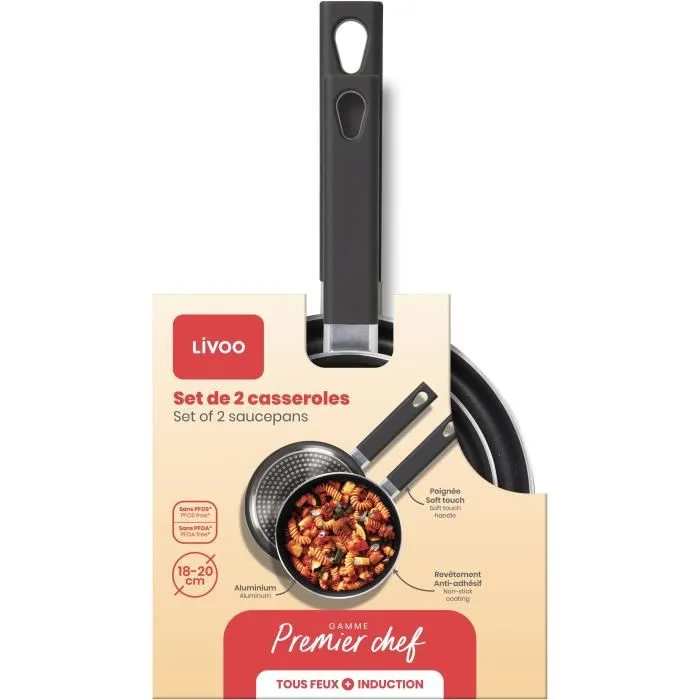 Livoo MEP154N - Set de 2 casseroles antiadhésives sans PFOA, diamètres 18 et 20 cm, manches en silicone résistant à la chaleur, compatibles tous feux dont induction