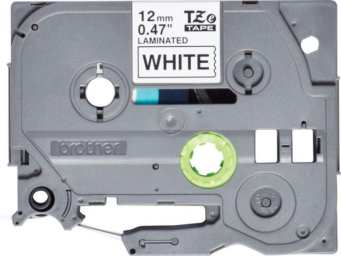Brother TZe - Cassette de ruban adhésif laminé standard 12 mm, texte noir sur fond blanc, 4 mètres