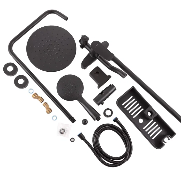 Ensemble de Douche Monocommande Noir avec Flexible, Barre et Pommeau - Laiton/Zinc, ABS, Acier Inoxydable - QLI-FA-3019