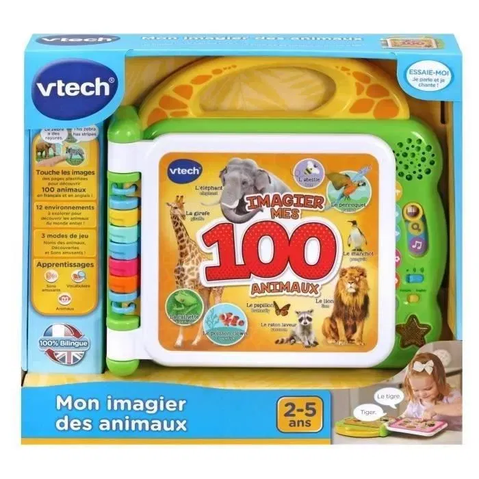 VTech Mon Imagier Bilingue 100 Animaux - Livre interactif éducatif parlant français/anglais pour enfants dès 24 mois - 12 pages plastifiées avec capteurs sensitifs - Multicolore VTech Mon Imagier Bilingue 100 Animaux - Livre interactif éducatif parlant français/anglais pour enfants dès 24 mois - 12 pages plastifiées avec capteurs sensitifs - Multicolore