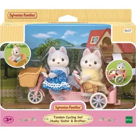 Sylvanian Families 5637 - Figurines miniatures Frères et sœurs Husky avec tandem vert et panier - Set prêt à jouer - Famille