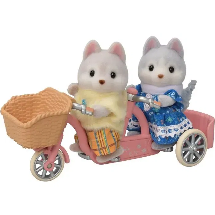 Sylvanian Families 5637 - Figurines miniatures Frères et sœurs Husky avec tandem vert et panier - Set prêt à jouer - Famille