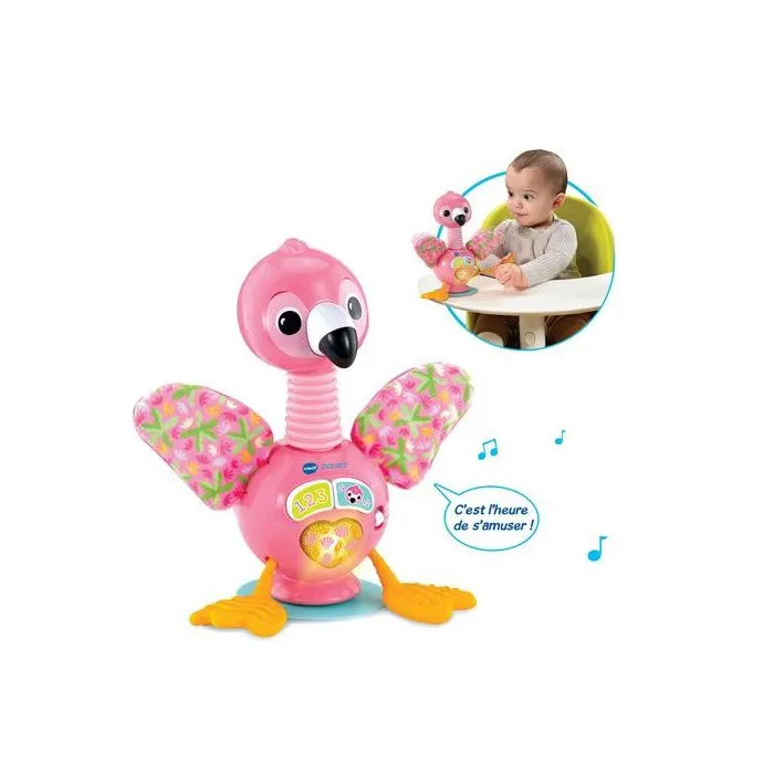 VTech - Flamingo Rigolo - Jouet d'éveil interactif flamant rose pour bébé 9-36 mois - Sons, mélodies, lumières, ventouse et textures - En français