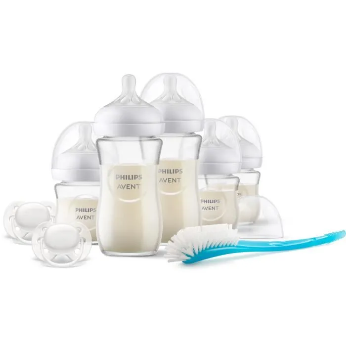 Philips Avent - Kit nouveau-né Natural 3.0 Verre - 3 Biberons 120ml + 2 Biberons 240ml + 2 Sucettes Ultra Douce 0-6M + Goupillon - Sans BPA