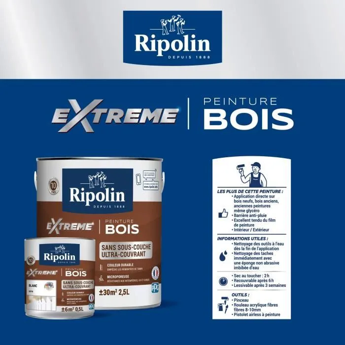 Ripolin Peinture Bois Satin Haute Protection 10 ans Gris bouleau