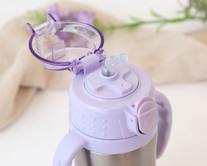 KioKids Bottille pour enfant 'Conejito' en acier inoxydable 304 avec anses et pailles, thermos 280 mL, violet lavande, collection Little Sauvages, 6 mois et plus