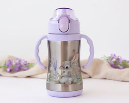 KioKids Bottille pour enfant 'Conejito' en acier inoxydable 304 avec anses et pailles, thermos 280 mL, violet lavande, collection Little Sauvages, 6 mois et plus