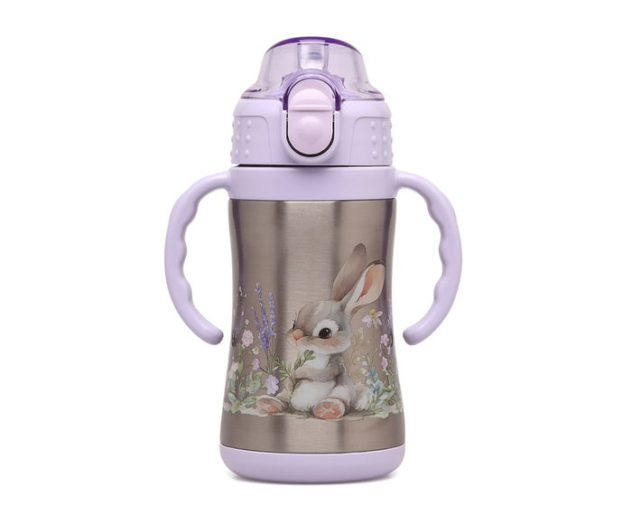 KioKids Bottille pour enfant 'Conejito' en acier inoxydable 304 avec anses et pailles, thermos 280 mL, violet lavande, collection Little Sauvages, 6 mois et plus