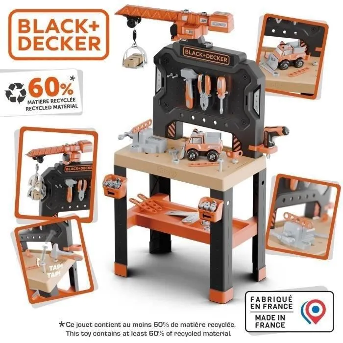 Smoby Établi de bricolage Black+Decker Bricolo Builder avec 87 accessoires, scie, visseuse mécanique et grue, fabrication française en matière recyclée, à partir de 3 ans