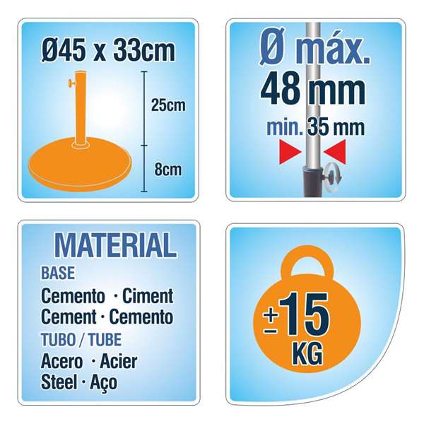 Color Baby - Support de parasol en béton avec base de 15 kg - Tube de 4.8 cm - Dimensions 45 x 33 cm Color Baby - Support de parasol en béton avec base de 15 kg - Tube de 4.8 cm - Dimensions 45 x 33 cm