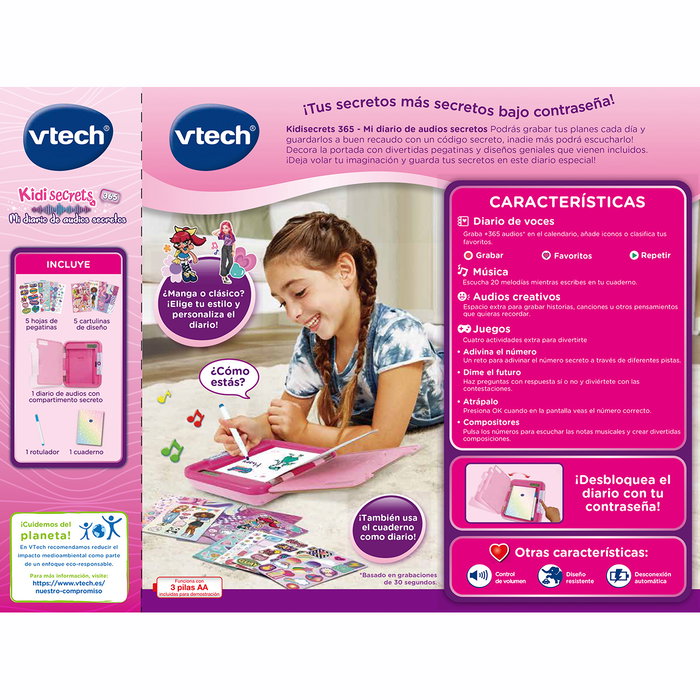 VTech - Kidisecrets 365 Mi Diario De Audios Secretos (80-581922) - Journal intime parlant pour enfants, micro pour 365 enregistrements audio, écran LCD, cadenas à code, jeux