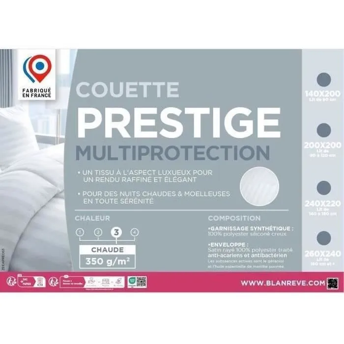 Blanreve Prestige Couette chaude 220x240 cm Multiprotection - Garnissage polyester silicone 350g - Satin rayé - Lavable machine