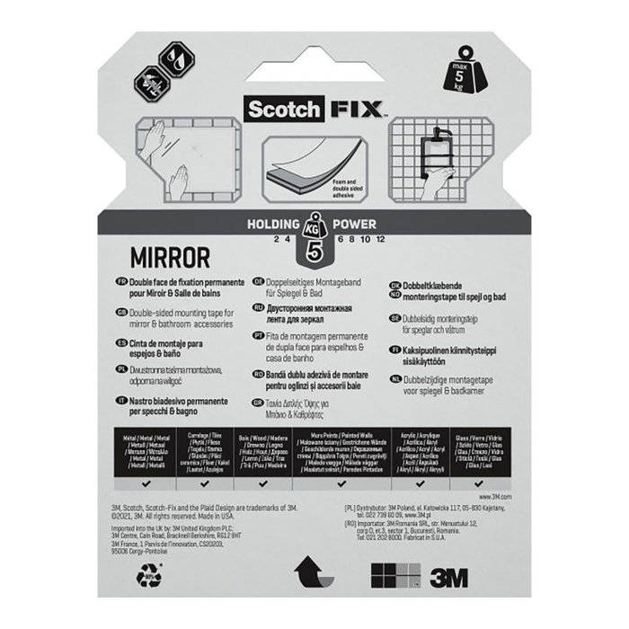 Ruban adhésif double face Scotch 5 kg 19 mm x 5 m Transparent Miroirs