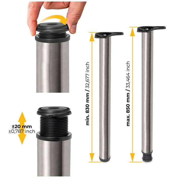 Emuca Lot de 4 pieds de table, diamètre 60mm, H 830mm, Acier, Nickel satiné