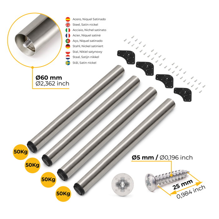 Emuca Lot de 4 pieds de table, diamètre 60mm, H 830mm, Acier, Nickel satiné