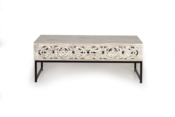 GINER Y COLOMER Table Basse en Bois de Manguier avec Pieds en Métal, Style Vintage - Blanc Lavé et Noir, Dimensions 40 x 1120 x 60 cm