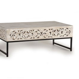 GINER Y COLOMER Table Basse en Bois de Manguier avec Pieds en Métal, Style Vintage - Blanc Lavé et Noir, Dimensions 40 x 1120 x 60 cm