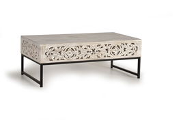 GINER Y COLOMER Table Basse en Bois de Manguier avec Pieds en Métal, Style Vintage - Blanc Lavé et Noir, Dimensions 40 x 1120 x 60 cm