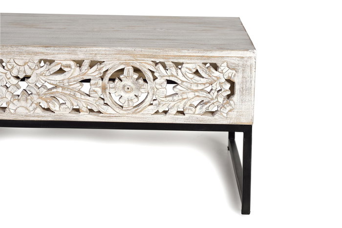 GINER Y COLOMER Table Basse en Bois de Manguier avec Pieds en Métal, Style Vintage - Blanc Lavé et Noir, Dimensions 40 x 1120 x 60 cm