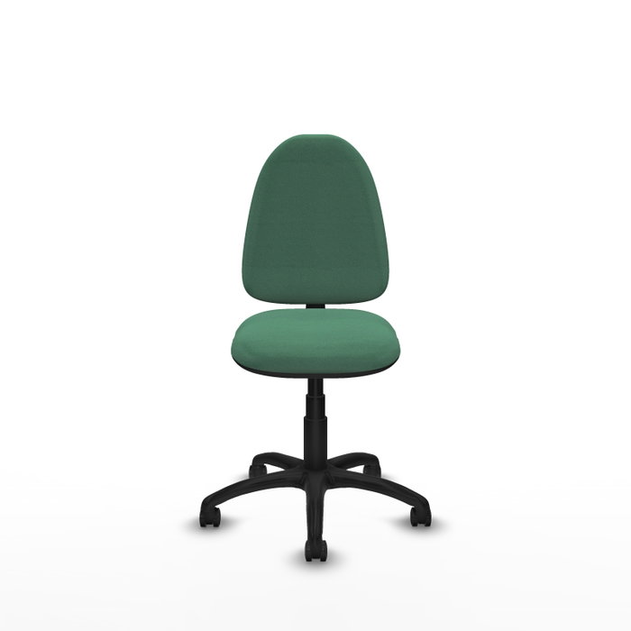 Chaise de bureau Aýna avec mécanisme de contact permanent de base, recouverte de tissu vert émeraude. Équipée d'une base en polyamide noir, sans accoudoirs et avec roulettes pour parquet