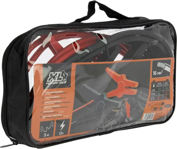 XL PERFORM TOOLS Câbles de démarrage pour moteur essence jusqu'à 2.5L, section 16 mm2, longueur 3 m avec pinces isolées et sacoche