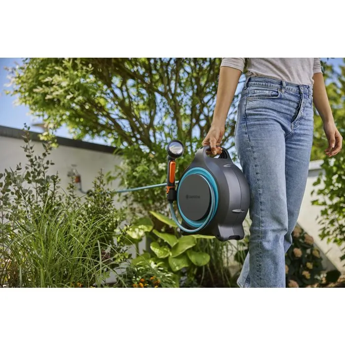 Gardena MoveMatic Dévidoir Automatique Portable avec Tuyau 12,5 m Ø 8,5 mm + Raccordement 1,5 m + Pistolet Arrosoir
