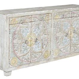 GINER Y COLOMER Buffet en bois de mangue massif avec sculptures sol - 4 portes et 4 tiroirs, finition couleurs pastel, 92 x 180 x 40 cm