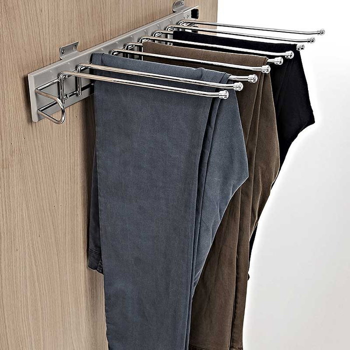 Organita Pantalonero Extraible Lateral Gauche à 9 Perches, avec Glissières à Bille et Finition Chrome, pour Porte ou Intérieur d'Armoire