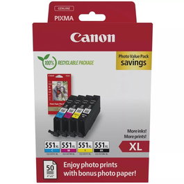 Canon CLI-551XL Multipack Noir Cyan Magenta Jaune – Cartouches d'encre XL 11ml – 660 pages – Compatible PIXMA MG6450 MG6650 iP7250 etc.