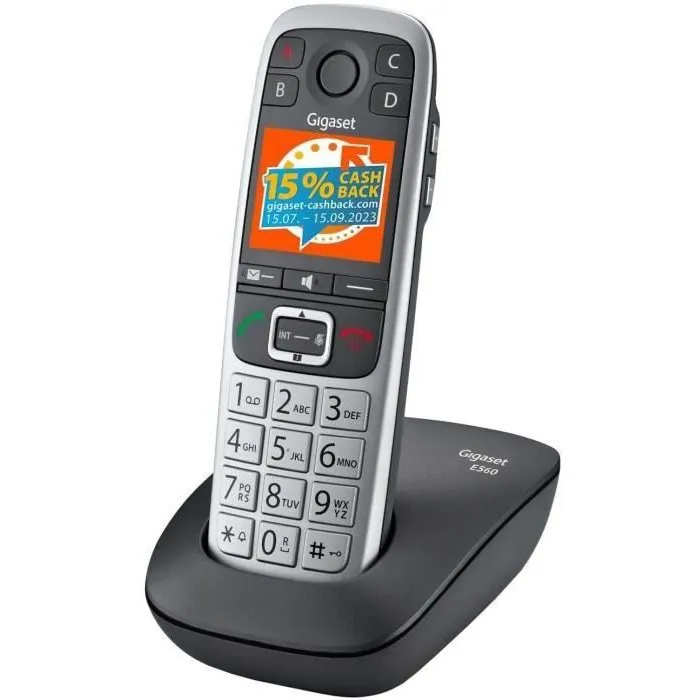 Gigaset Gigae560silver Téléphone sans fil DECT Argent - Clavier rétro-éclairé, écran couleur, mains-libres HD, SOS, fabrication Allemagne