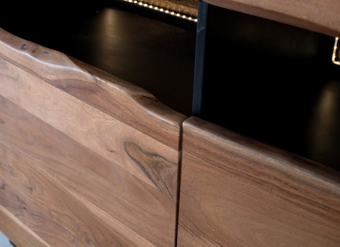 Buffet en Bois d'Acacia Naturel et Noir avec 3 Tiroirs et 3 Portes - 180x93x40 cm