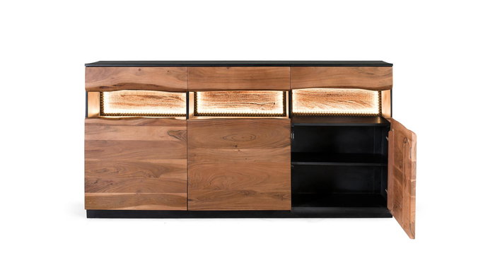 Buffet en Bois d'Acacia Naturel et Noir avec 3 Tiroirs et 3 Portes - 180x93x40 cm