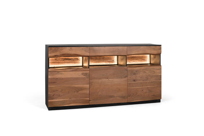 Buffet en Bois d'Acacia Naturel et Noir avec 3 Tiroirs et 3 Portes - 180x93x40 cm