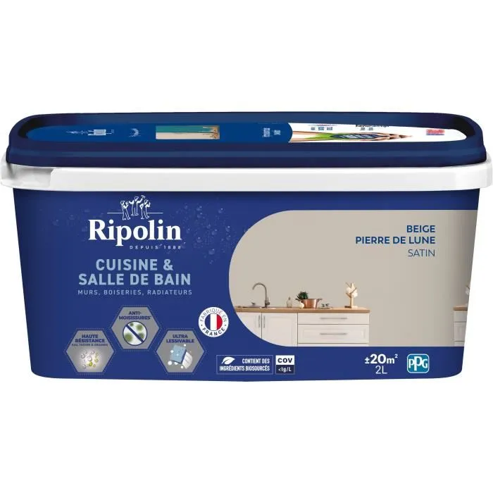 Ripolin Peinture Cuisine et Bain Effet Perlant 2 L Beige Pierre de Lune - Biosourcée, Résistante, Anti-Moisissures - Pour Murs, Boiseries, Plafonds, Radiateurs Ripolin Peinture Cuisine et Bain Effet Perlant 2 L Beige Pierre de Lune - Biosourcée, Résistante, Anti-Moisissures - Pour Murs, Boiseries, Plafonds, Radiateurs