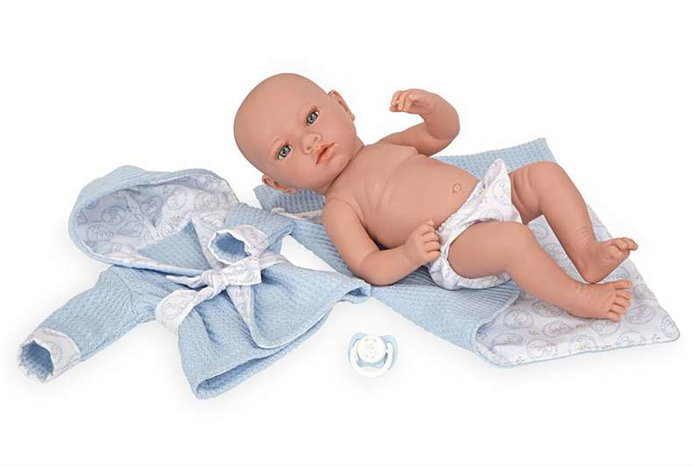 Muñecas Arias Aria, Poupée bébé de 38 cm garçon en vinyle de couleur bleue avec couverture, modèle espagnol