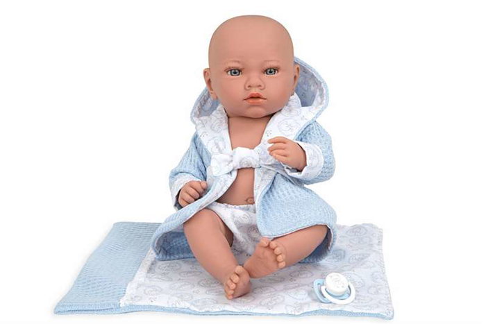 Muñecas Arias Aria, Poupée bébé de 38 cm garçon en vinyle de couleur bleue avec couverture, modèle espagnol