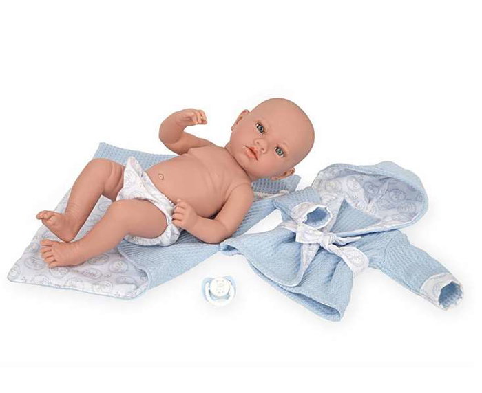 Muñecas Arias Aria, Poupée bébé de 38 cm garçon en vinyle de couleur bleue avec couverture, modèle espagnol