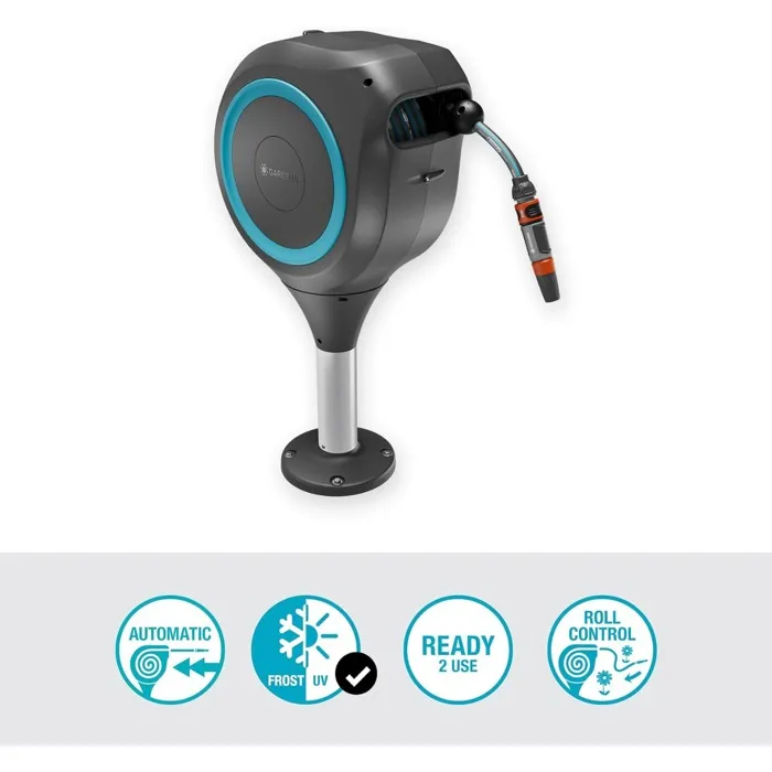 Gardena Dévidoir Automatique pour Terrasse RollUp S - Bleu - Tuyau Arrosage 15 m (13 mm) - Enroulement Anti-Vrille, Lance Incluse