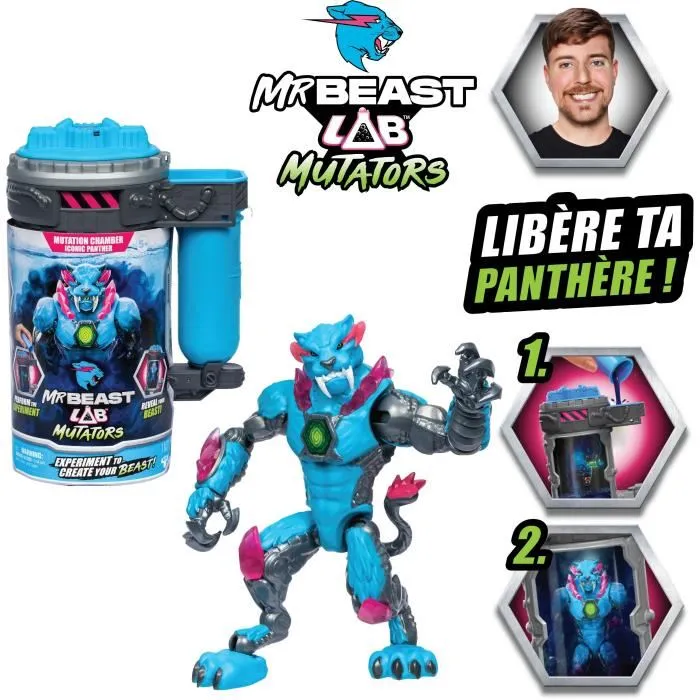 Moose Toys MR Beast LAB Mutators Figurine Panthere Iconique - Chambre de Mutation - Figurine Articulée 13 cm avec Expérience Créative - Rose et Bleu
